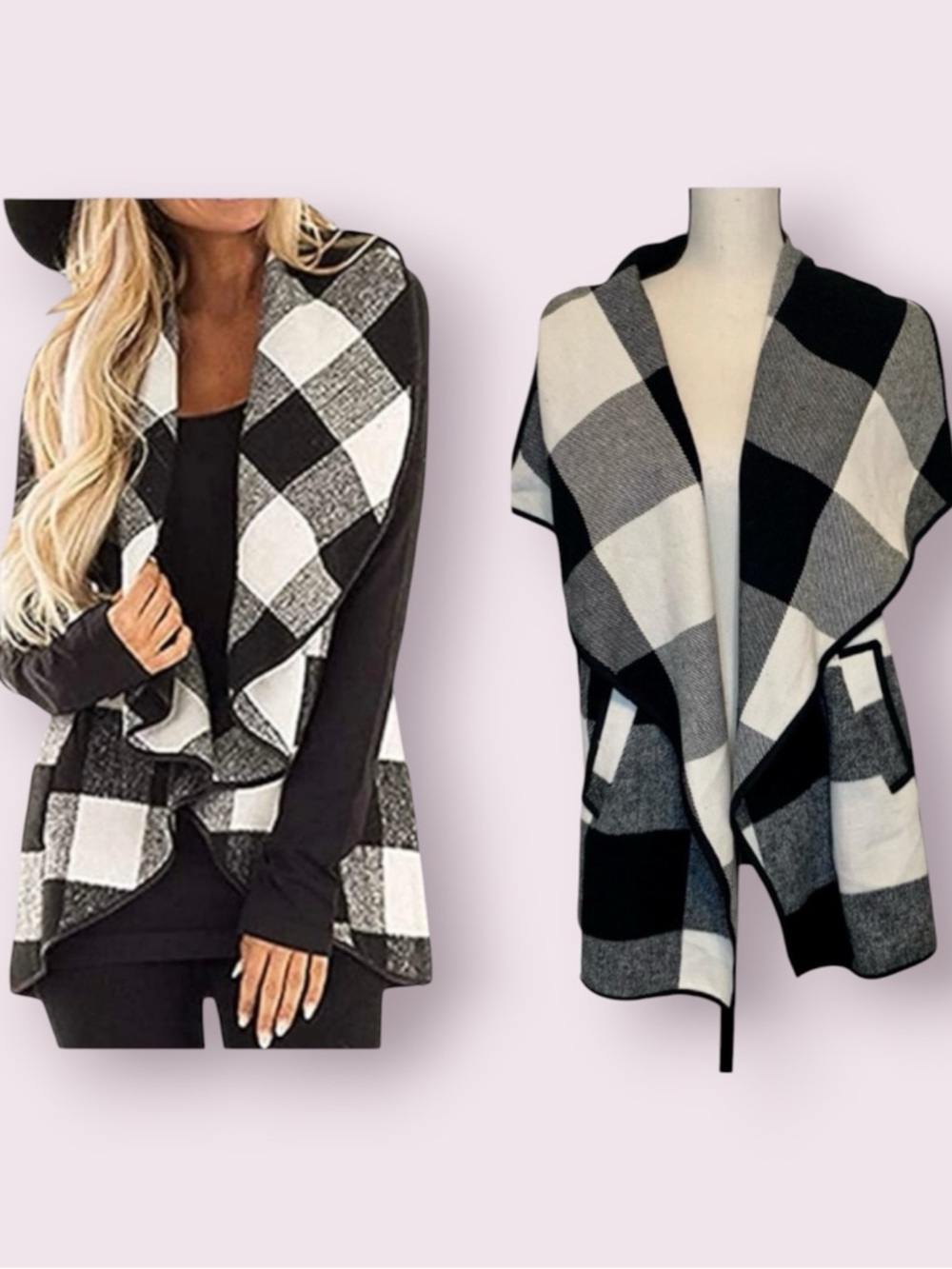 Yucan Vest Open Front Buffalo Check Sleeveless Cardigan Black White Plaid Large